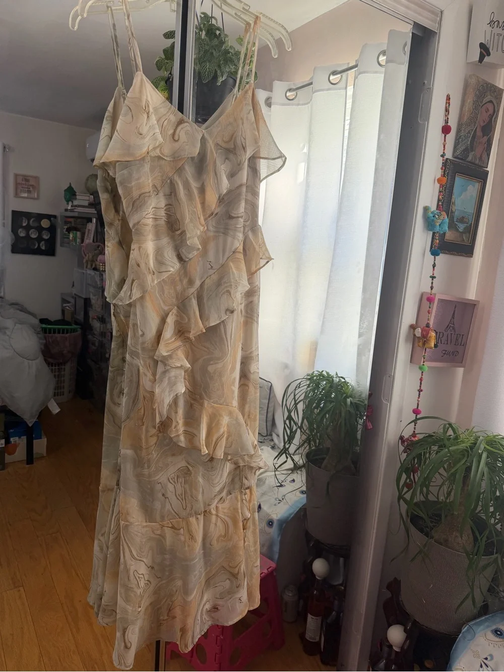 Blu Pepper Beige Marble-Ruffle Slip Dress